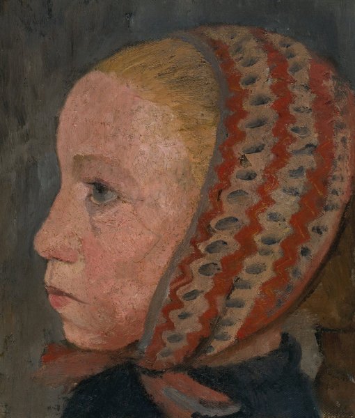 Main Product Photo of Girl's head with a striped cap in profile to the left  Painting by Paula Modersohn-Becker