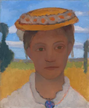 Kopf der Schwester Herma mit Marienblumchenkranz auf dem Hut Oil painting by Paula Modersohn-Becker
