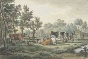 Wei met koeien die gemolken worden Oil painting by Paulus Constantijn La Fargue