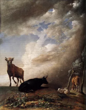 Cattle and Sheep in a Stormy Landscape painting by Paulus Potter