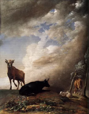 Cattle and Sheep in a Stormy Landscape Oil painting by Paulus Potter