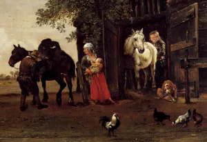 Figures with Horses by a Stable Detail