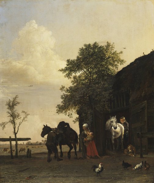 Figures with Horses by a Stable by Paulus Potter - Hand-Painted Oil Painting Reproduction