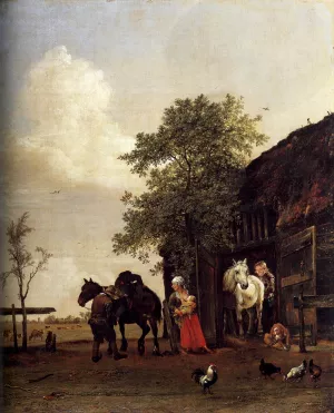 Figures with Horses by a Stable by Paulus Potter - Oil Painting Reproduction