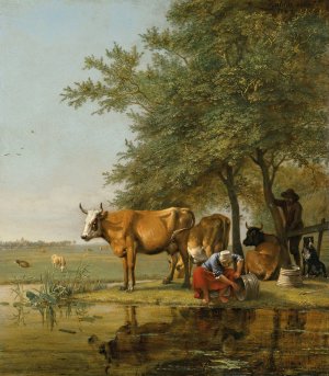 Landscape with cattle and a woman cleaning a bucket by a stream by Paulus Potter Oil Painting