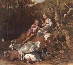 Landscape with Shepherdess and Shepherd Playing Flute Detail painting by Paulus Potter