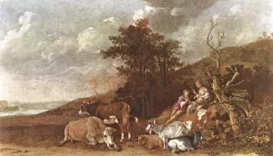 Landscape with Shepherdess and Shepherd Playing Flute painting by Paulus Potter