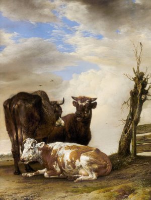 Two Cows and a Young Bull beside a Fence in a Meadow by Paulus Potter Oil Painting