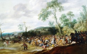 Schlachtengetummel in weiter hugeliger Landschaft by Pauwels Van Hillegaert Oil Painting