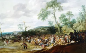 Schlachtengetummel in weiter hugeliger Landschaft by Pauwels Van Hillegaert Oil Painting