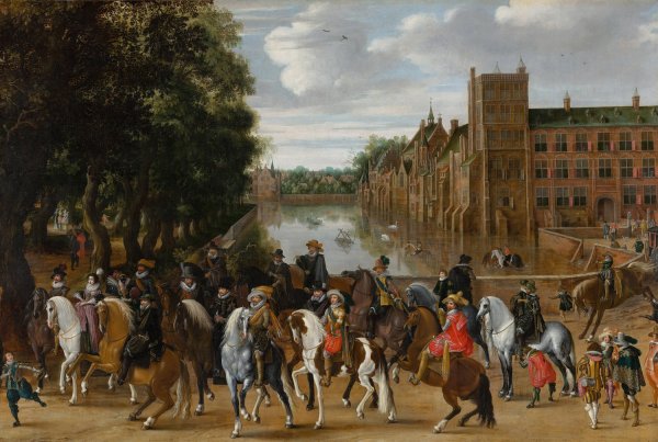 The Princes of Orange and their Families on Horseback, Riding Out from The Buitenhof, The Hague  by Pauwels Van Hillegaert - Hand-Painted Oil Painting Reproduction