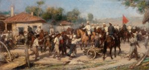 An Episode From The 1877-78 War; Russian Troops Liberate A Balkan Village From The Turks by Pavel Osipovich Kovalevsky Oil Painting