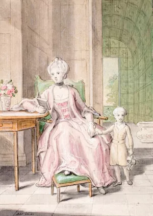 Dronning Caroline Mathilde med kronprins Frederik. by Peder Als Oil Painting