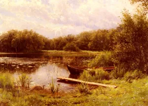 A Boat Moored On A Quiet Lake Oil painting by Peder Mork Monsted