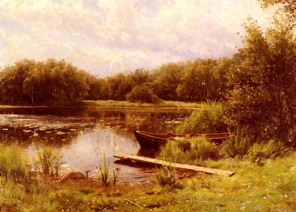 Main Product Photo of A Boat Moored On A Quiet Lake Painting by Peder Mork Monsted