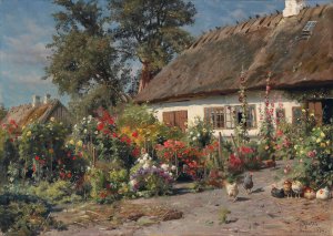 A Cottage Garden With Chickens by Peder Mork Monsted Oil Painting