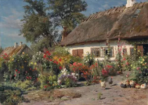 A Cottage Garden With Chickens by Peder Mork Monsted Oil Painting