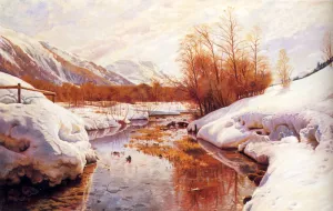 A Mountain Torrent in a Winter Landscape by Peder Mork Monsted Oil Painting