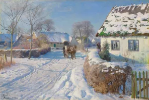 A village in the snow by Peder Mork Monsted Oil Painting