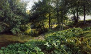 A Wooded River Landscape with Deer Beyond Oil painting by Peder Mork Monsted