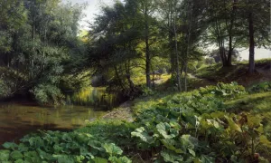 A Wooded River Landscape with Deer Beyond by Peder Mork Monsted - Oil Painting Reproduction
