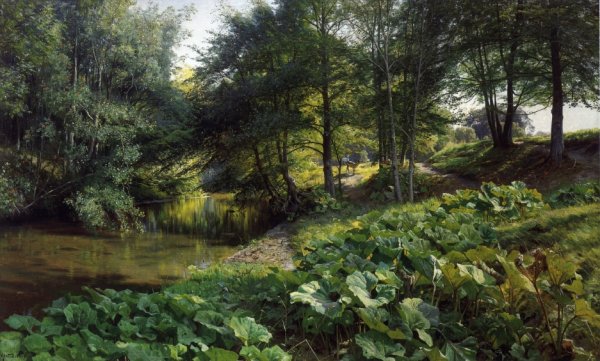 Main Product Photo of A Wooded River Landscape with Deer Beyond Painting by Peder Mork Monsted