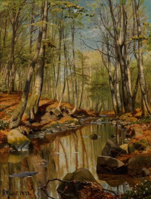 A wooded river landscape by Peder Mork Monsted Oil Painting