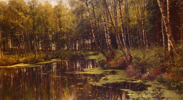 Main Product Photo of A Woodland Pond Painting by Peder Mork Monsted