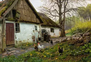 Bromolle Farm with Chickens by Peder Mork Monsted - Oil Painting Reproduction