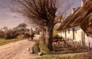 Cottages At Hjornbaek by Peder Mork Monsted - Oil Painting Reproduction
