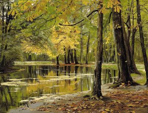 Efterarsparti Fra En So, I Forgrunden Kastanietrae by Peder Mork Monsted Oil Painting