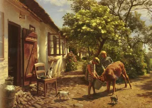 Feeding The Calf by Peder Mork Monsted - Oil Painting Reproduction