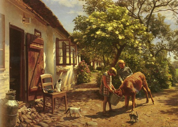 Feeding The Calf by Peder Mork Monsted - Hand-Painted Oil Painting Reproduction
