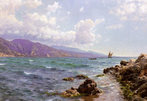 Fishing Boats on the Water, Cap Martin by Peder Mork Monsted - Hand-Painted Oil Painting Reproduction