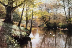 Flodlandskab by Peder Mork Monsted Oil Painting
