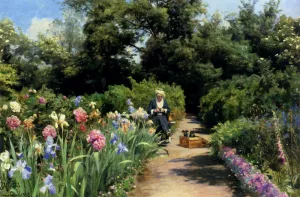 Knitting In The Garden by Peder Mork Monsted - Oil Painting Reproduction