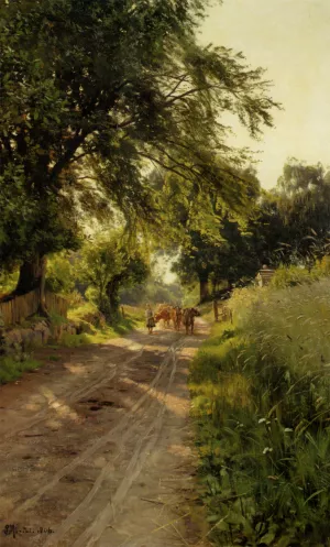 Koerne Traekkes Hjem, Hellebaek Oil painting by Peder Mork Monsted