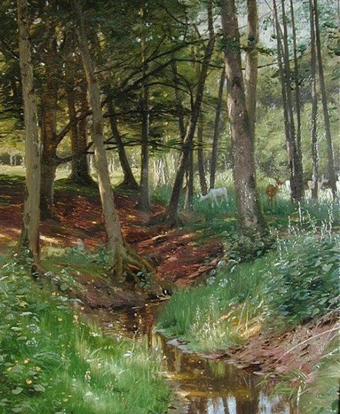 Landscape With Deer by Peder Mork Monsted - Hand-Painted Oil Painting Reproduction
