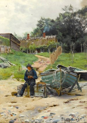 Mending The Nets Oil painting by Peder Mork Monsted