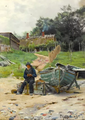 Mending The Nets by Peder Mork Monsted Oil Painting