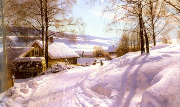 On The Snowy Path by Peder Mork Monsted - Hand-Painted Oil Painting Reproduction