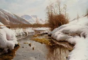 Snedaekket Flodbred by Peder Mork Monsted Oil Painting