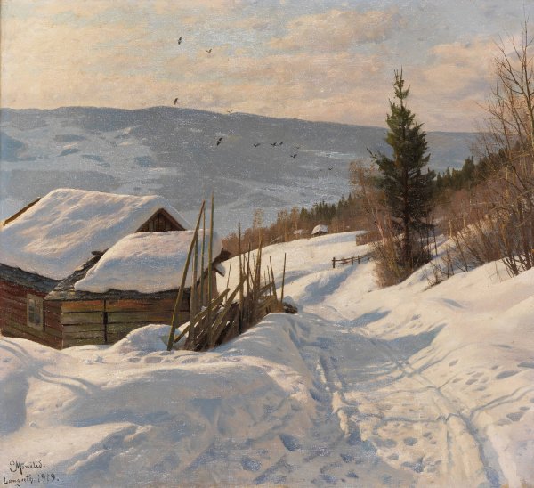 Sonniger Wintertag in Norwegen  by Peder Mork Monsted - Hand-Painted Oil Painting Reproduction