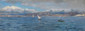 Tarifa. Sailing ships at Gibraltar by Peder Mork Monsted Oil Painting