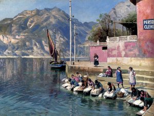 Washer Women,Torbole Oil painting by Peder Mork Monsted