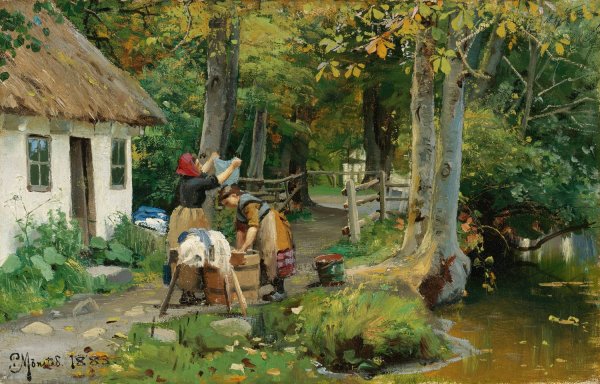 Washing Day  by Peder Mork Monsted - Hand-Painted Oil Painting Reproduction