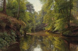 Wooded River Landscape by Peder Mork Monsted Oil Painting