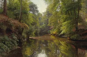Wooded River Landscape by Peder Mork Monsted Oil Painting