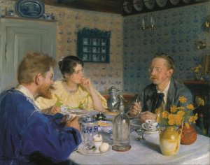 A breakfast. The artist, his wife and the writer Otto Benzon by Peder Severin Kroyer Oil Painting
