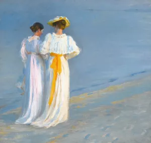 Anna Ancher And Marie Kroyer On The Beach At Skagen by Peder Severin Kroyer Oil Painting